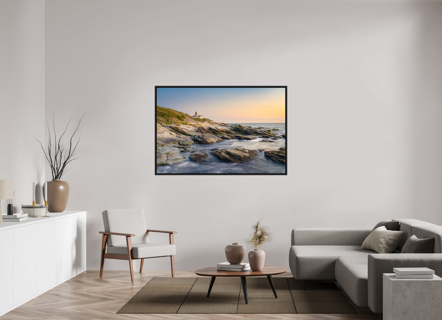 60 x 40″, Premium ChromaLuxe HD Aluminum Metal Print with Black Wood Floater Frame Quiet Sunset at Beavertail Lighthouse