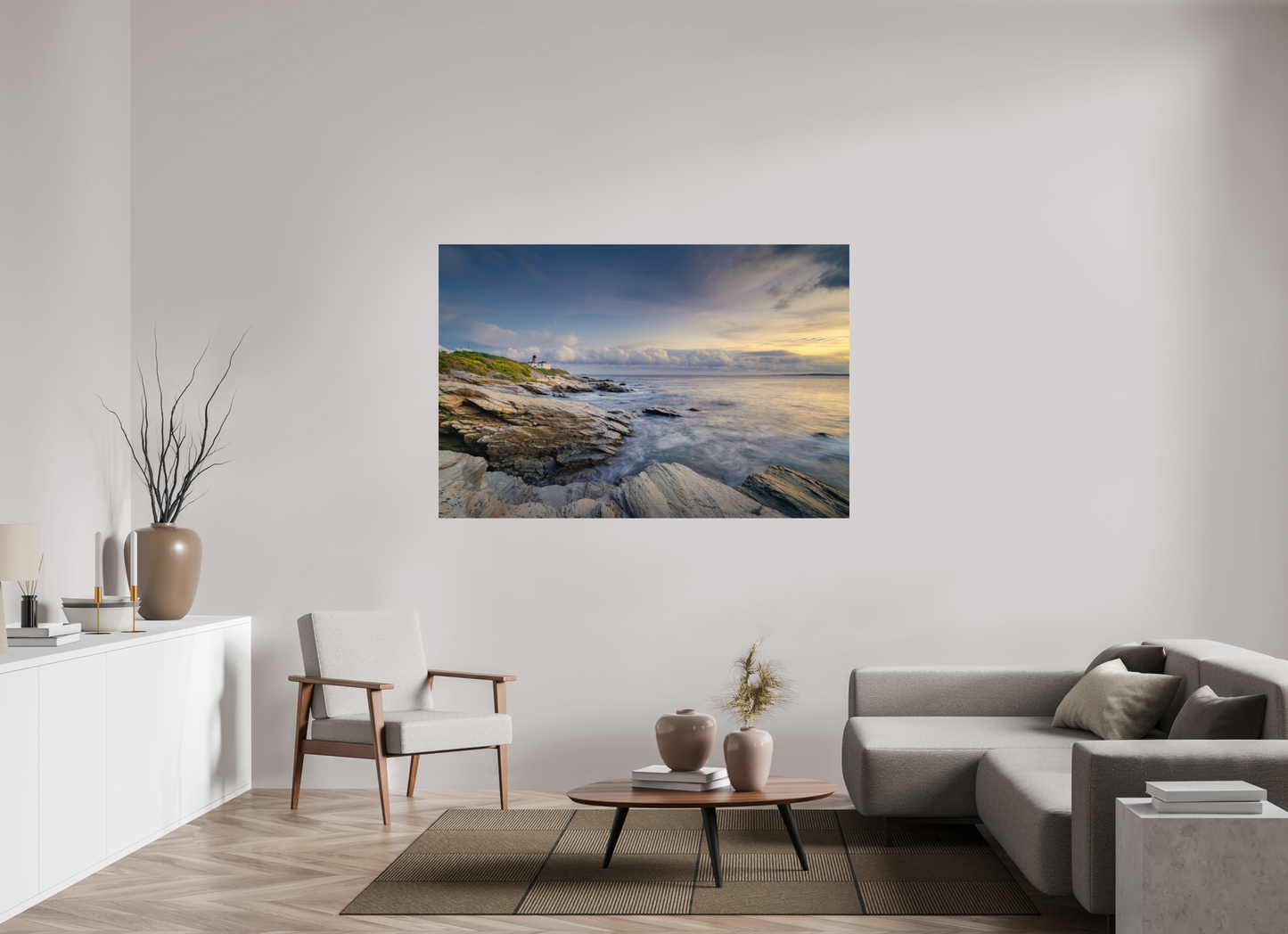 66 x 44″, Photo Print Under Acrylic Glass Twilight at Beavertail Lighthouse