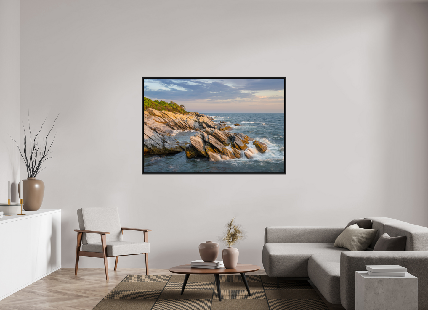66 x 44″, Premium ChromaLuxe HD Aluminum Metal Print with Black Wood Floater Frame Beavertail Cliffs Approaching Sunset