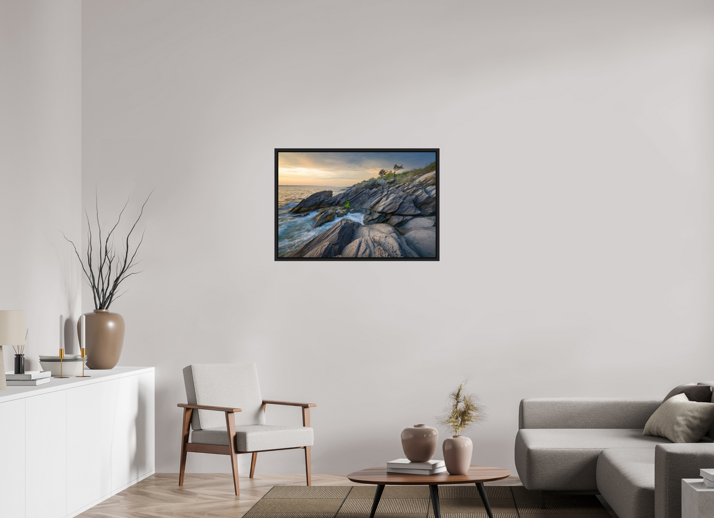 36 x 24″, Premium Photo Print under Acrylic Glass with Black Wood Floater Frame Sunset Glow at Beavertail