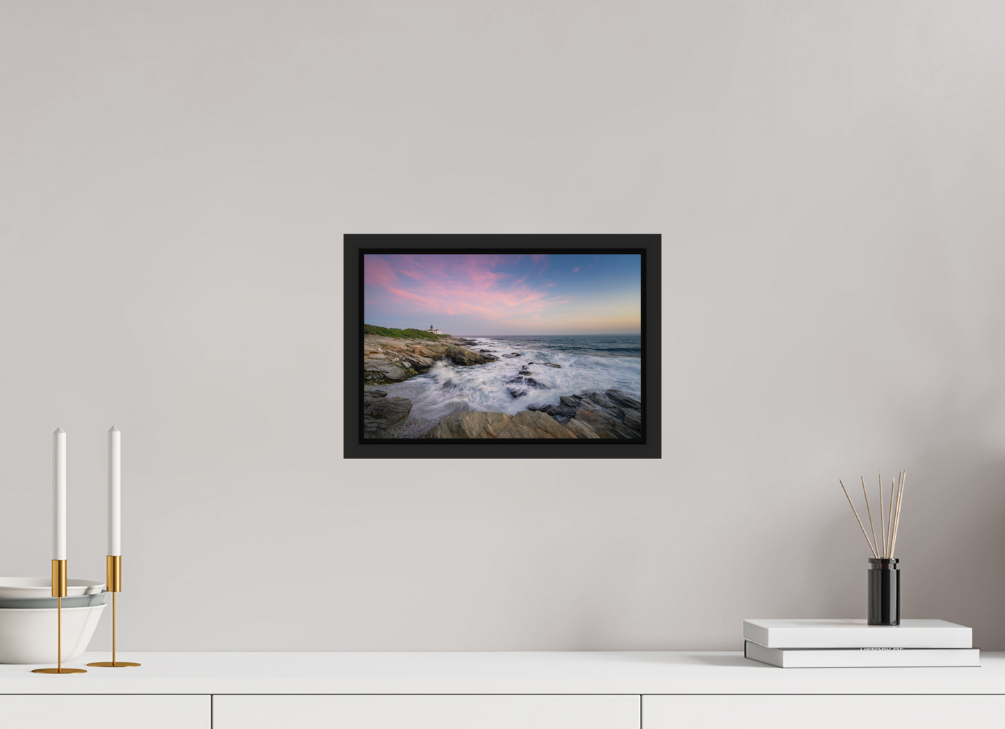 12 x 8″, Premium Photo Print under Acrylic Glass with Black Wood Floater Frame Rough Seas at Sunset
