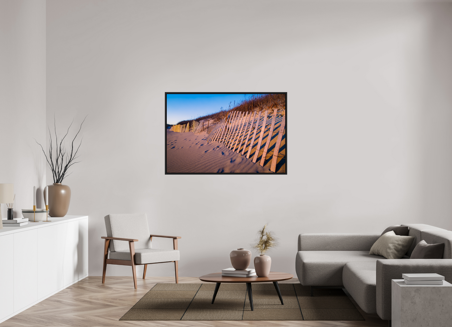 54 x 36″, Photo Print under Acrylic Glass with Black Wood Floater Frame Sunset Glow on Sand Hill Cove Dunes