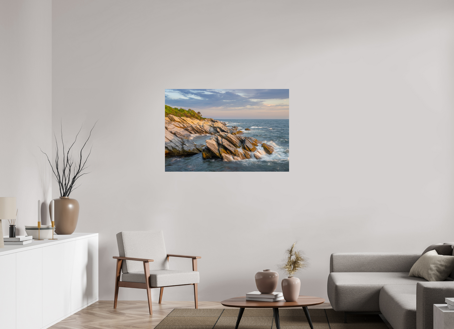 45 x 30″, Premium Metallic Photo Print on Fuji Crystal Pearl Paper Beavertail Cliffs Approaching Sunset