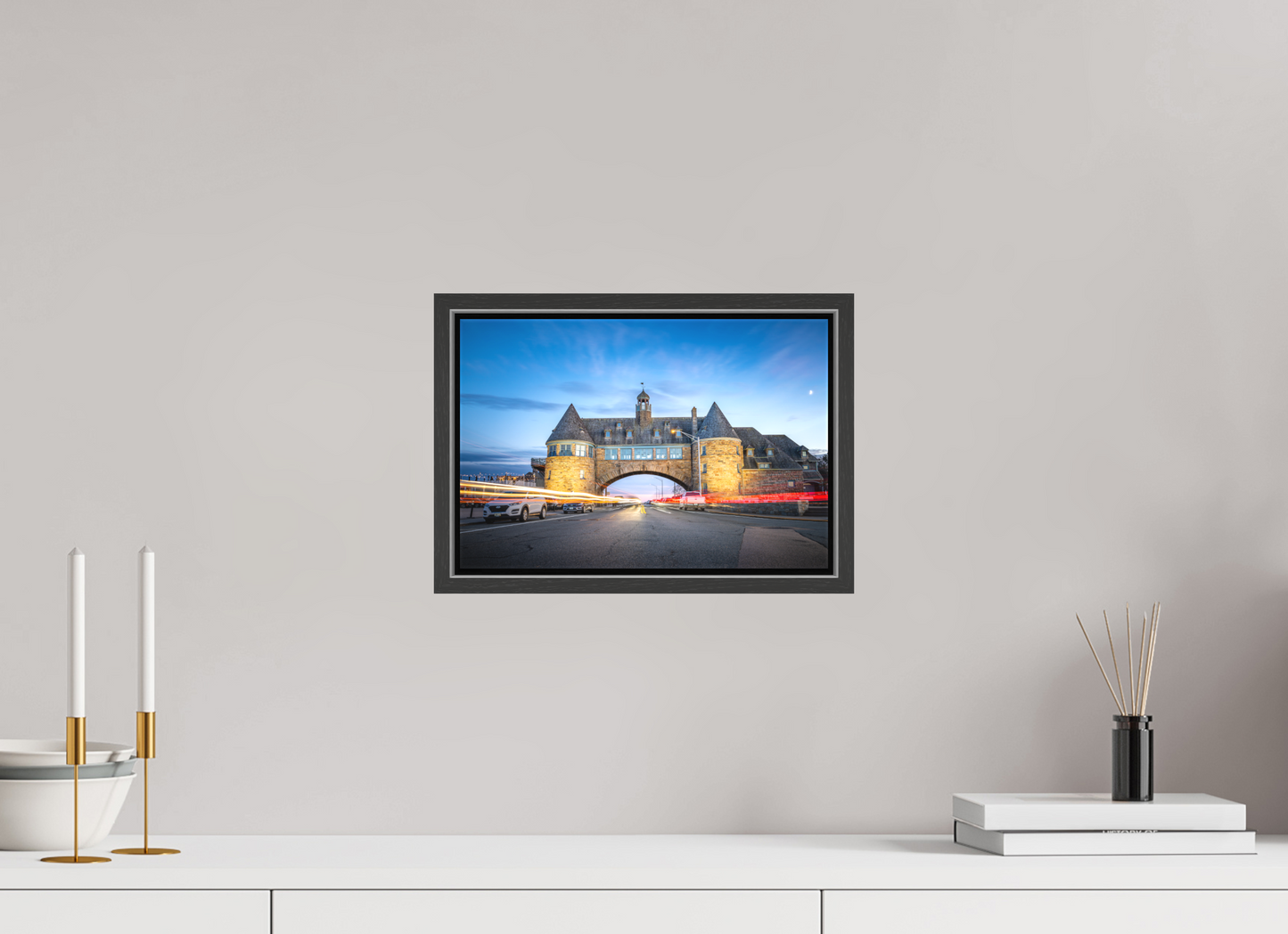 12 x 8″, Matte Canvas Print with Black Wood Floater Frame Narragansett Towers and Light Trails