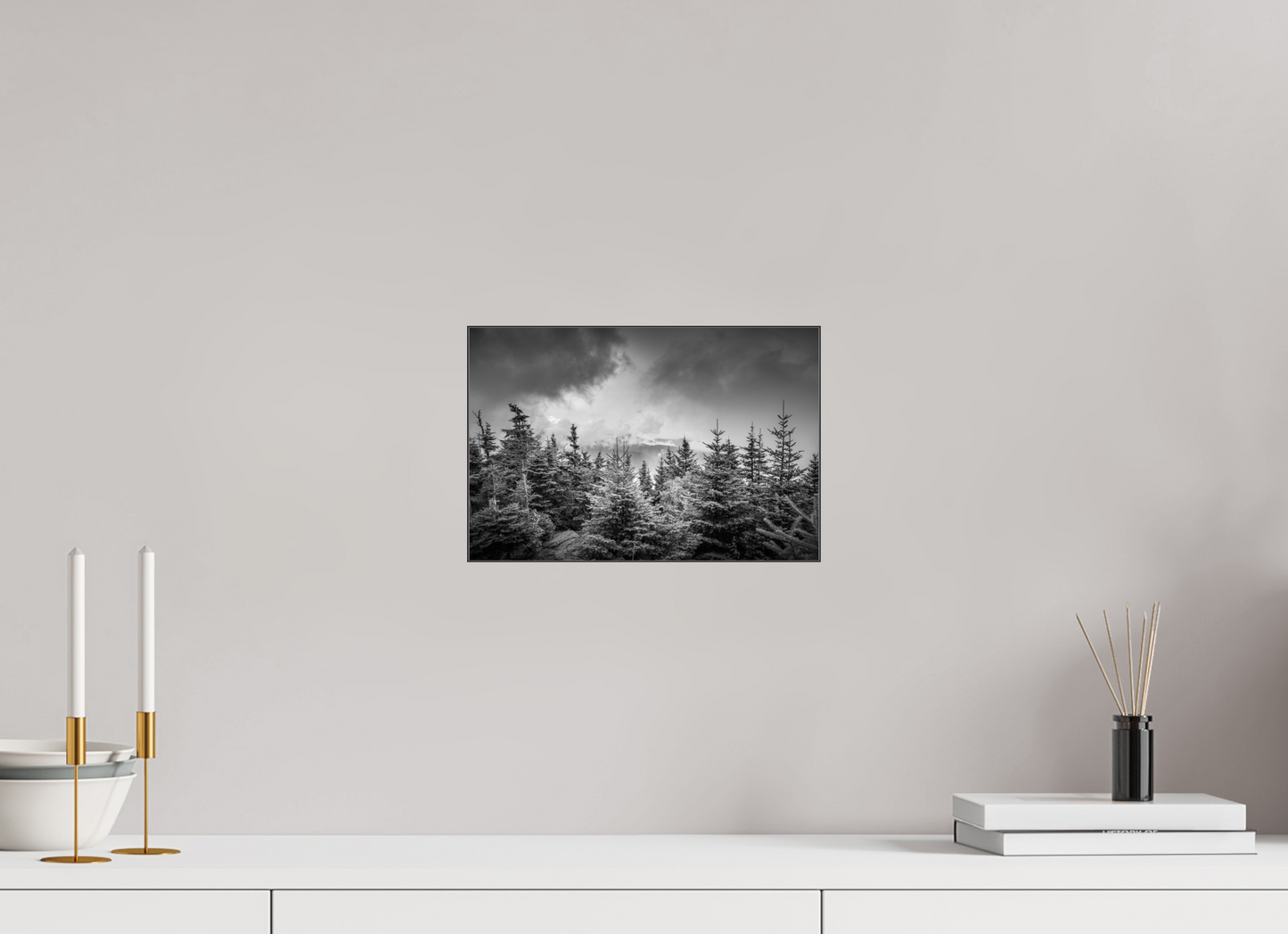 12 x 8″, Photo Print under Acrylic Glass with Black Slimline Case Pines in Mountain Clouds