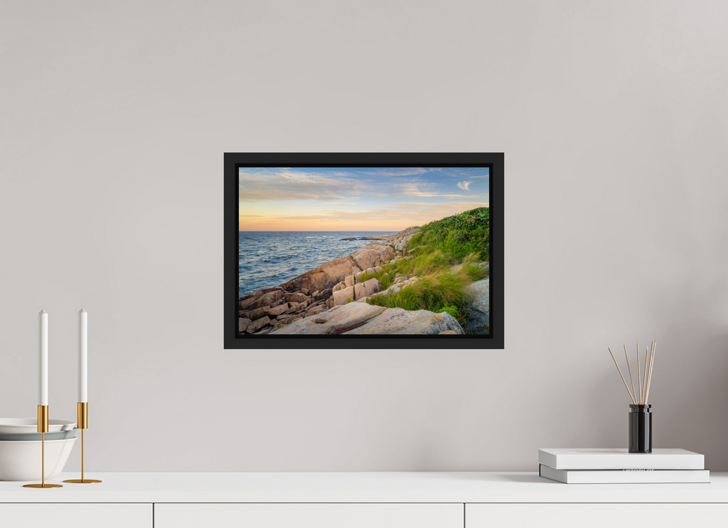 15 x 10″, Photo Print under Acrylic Glass with Black Wood Floater Frame Black Point before Sunset