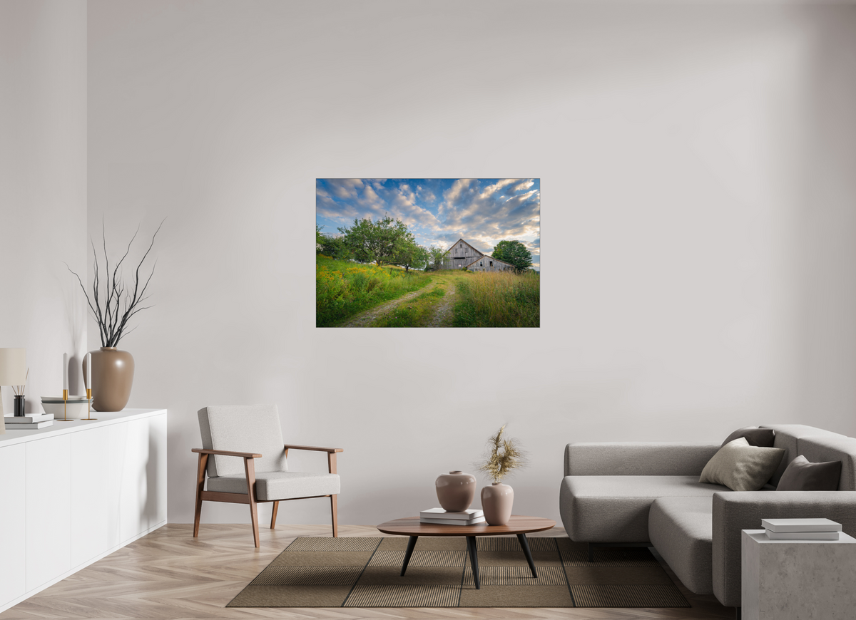 54 x 36″, Premium Photo Print under Acrylic Glass with Black Slimline Case Countryside Barn