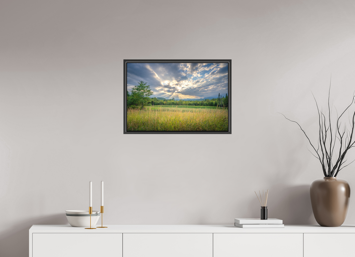 24 x 16″, Matte Canvas Print with Black Wood Floater Frame Mountain Sun Rays