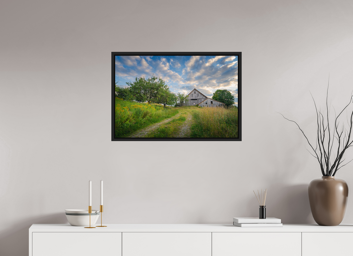 30 x 20″, Premium ChromaLuxe HD Aluminum Metal Print with Black Wood Floater Frame Countryside Barn