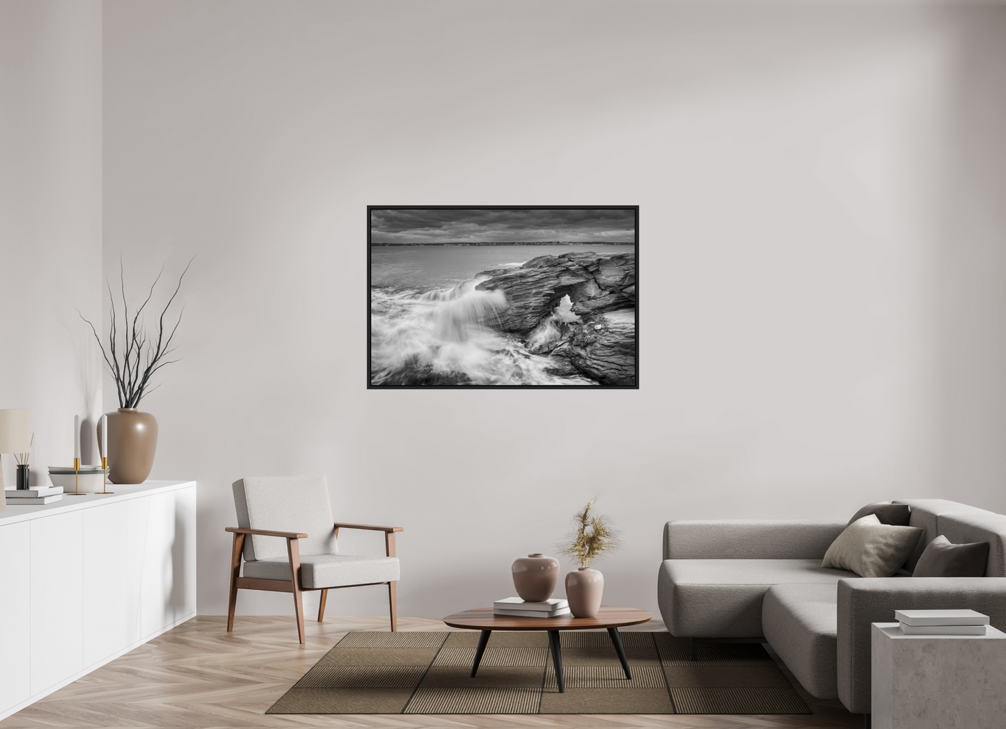 54 x 36″, Photo Print under Acrylic Glass with Black Wood Floater Frame Waves Over Arches