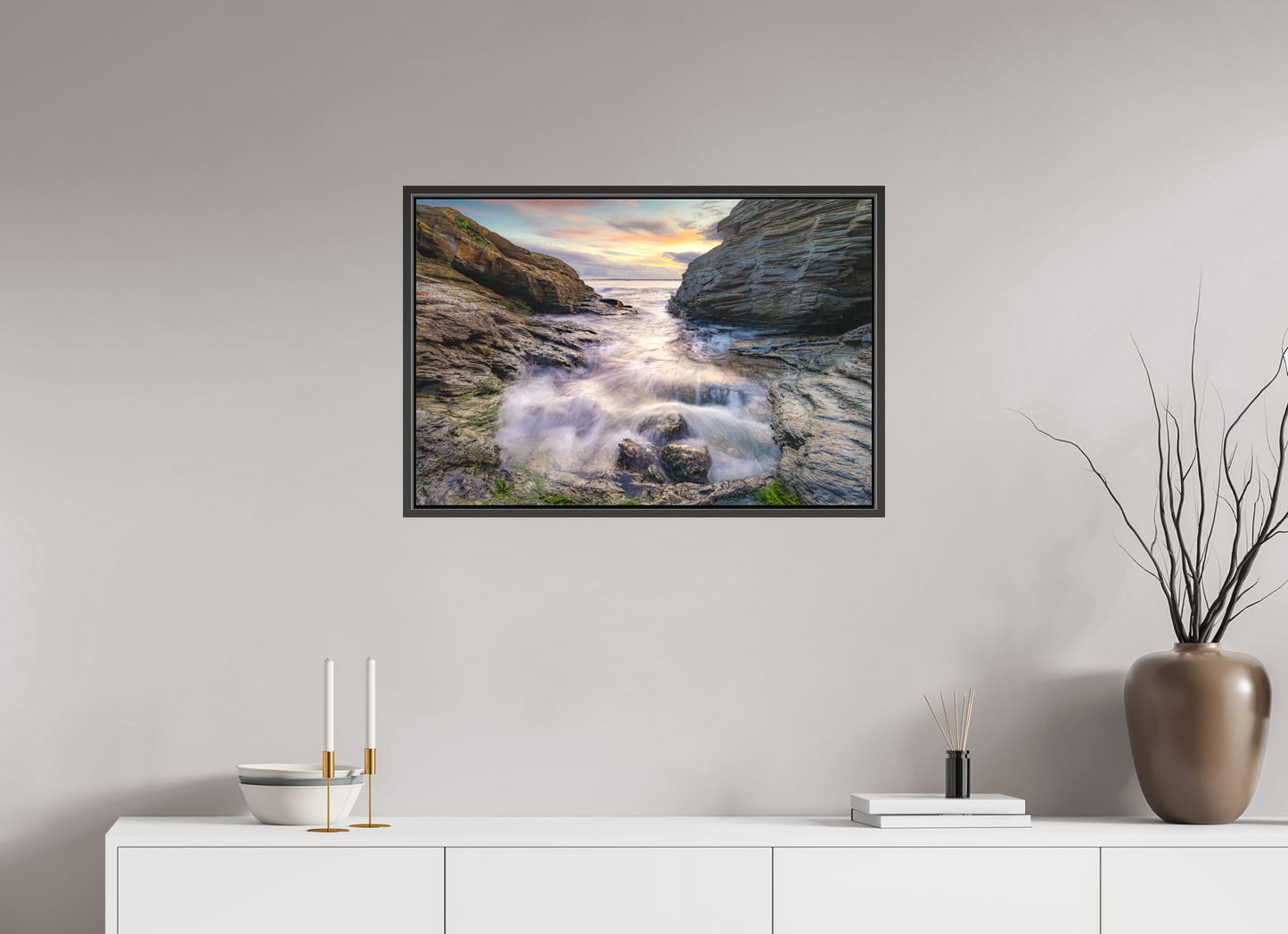 30 x 20″, Matte Canvas Print with Black Wood Floater Frame Waves Approaching