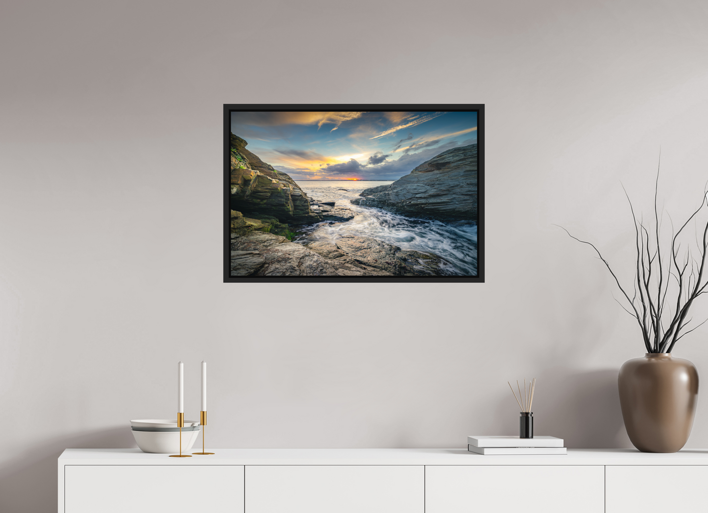 30 x 20″, ChromaLuxe HD Metal Print with Black Wood Floater Frame Vanishing Sun