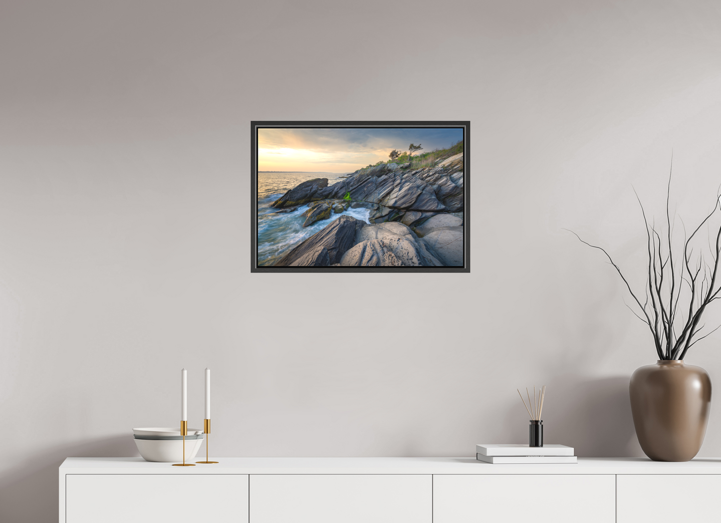 24 x 16″, Matte Canvas Print with Black Wood Floater Frame Sunset Glow at Beavertail