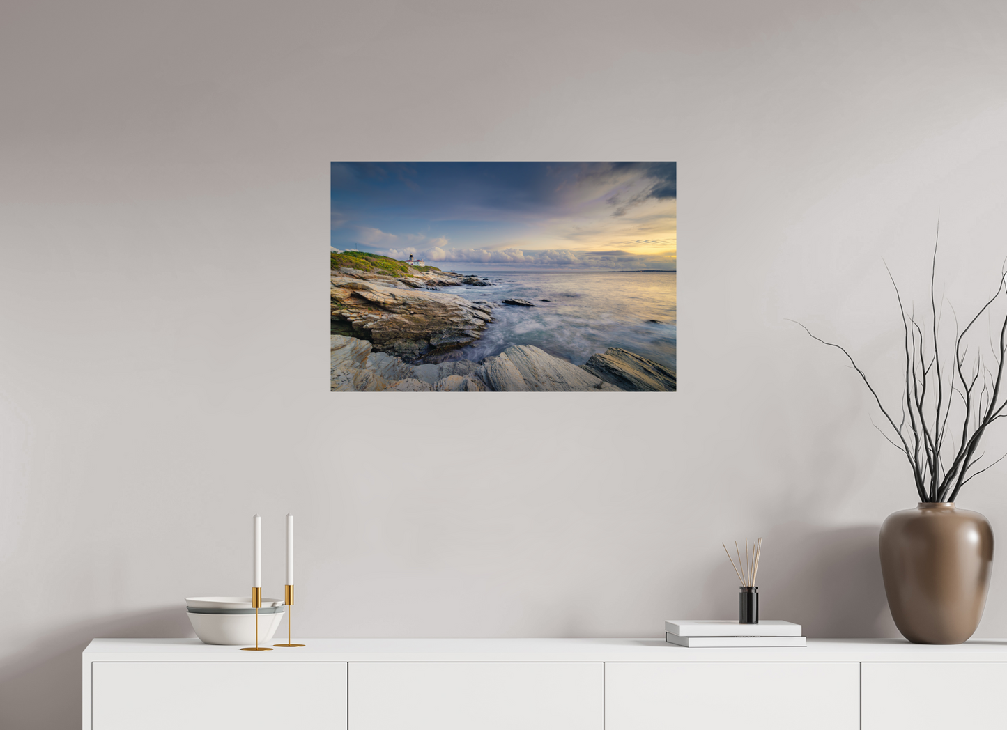 30 x 20″, Metallic Photo Print on Fuji Crystal Pearl Twilight at Beavertail Lighthouse