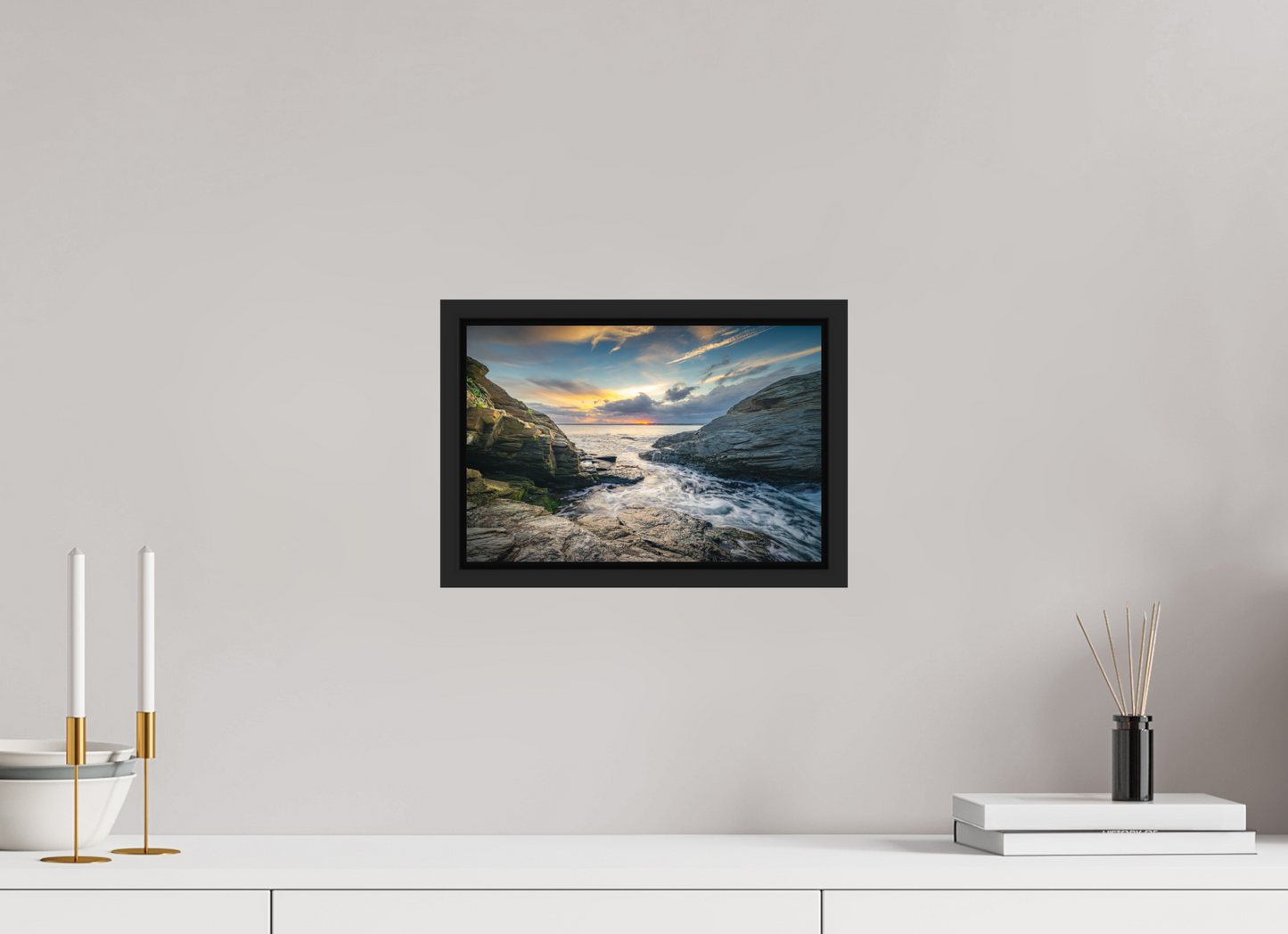 12 x 8″, Photo Print under Acrylic Glass with Black Wood Floater Frame Vanishing Sun