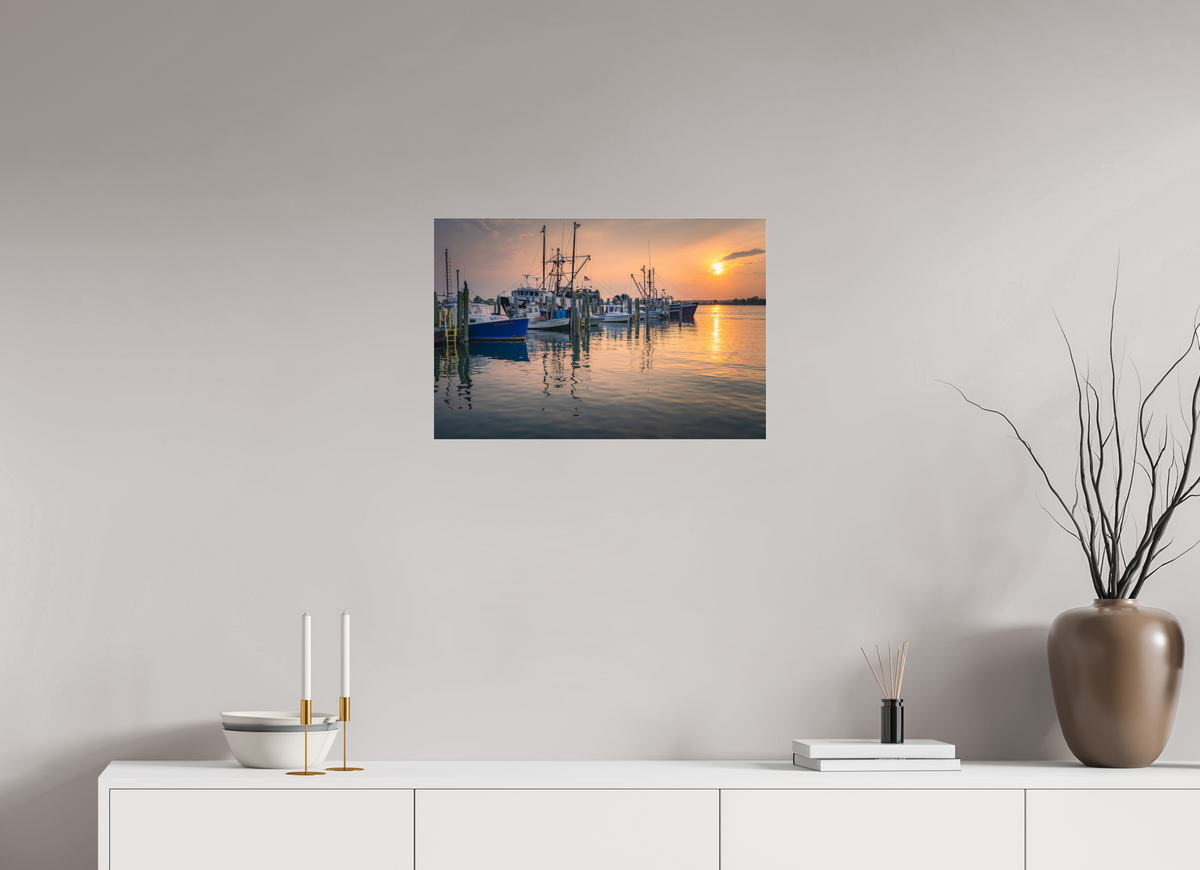 24 x 16″, Premium Photo Print under Acrylic Glass Boats at Sunset