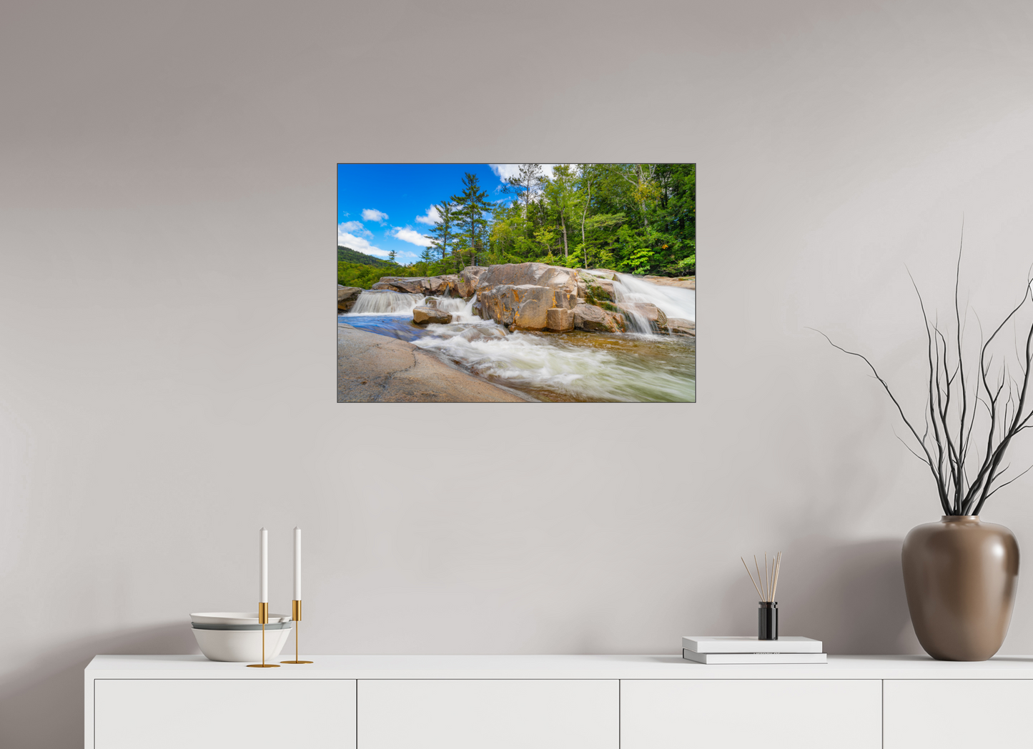 30 x 20″, Photo Print under Acrylic Glass with Black Slimline Case Kancamagus Waterfall