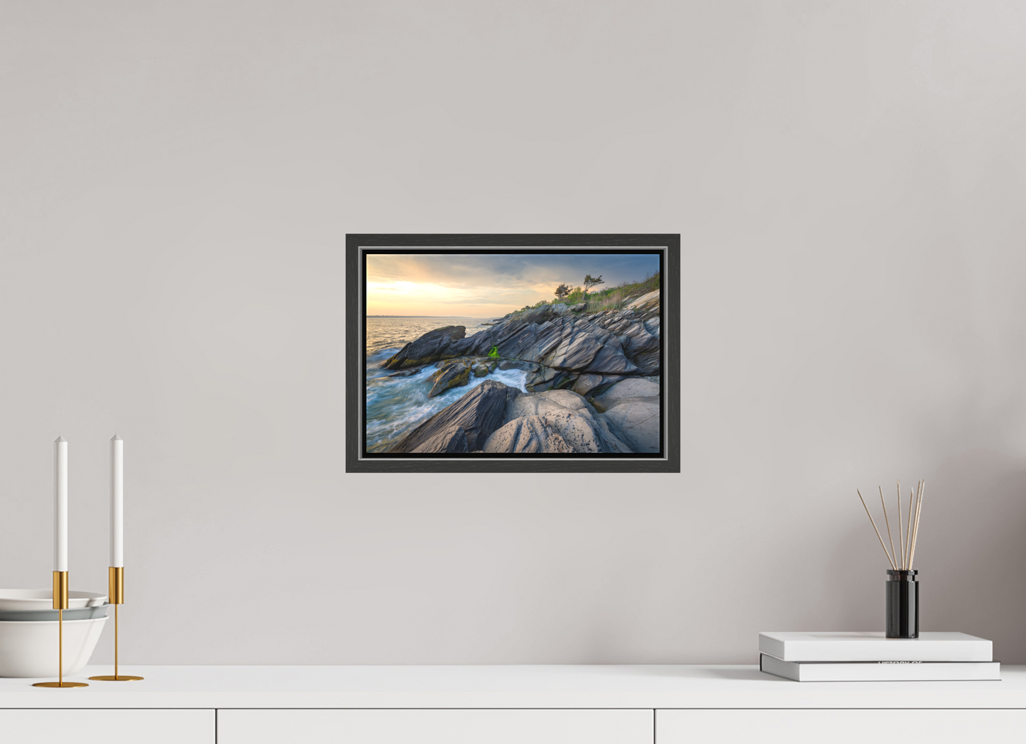 12 x 8″, Matte Canvas Print with Black Wood Floater Frame Sunset Glow at Beavertail