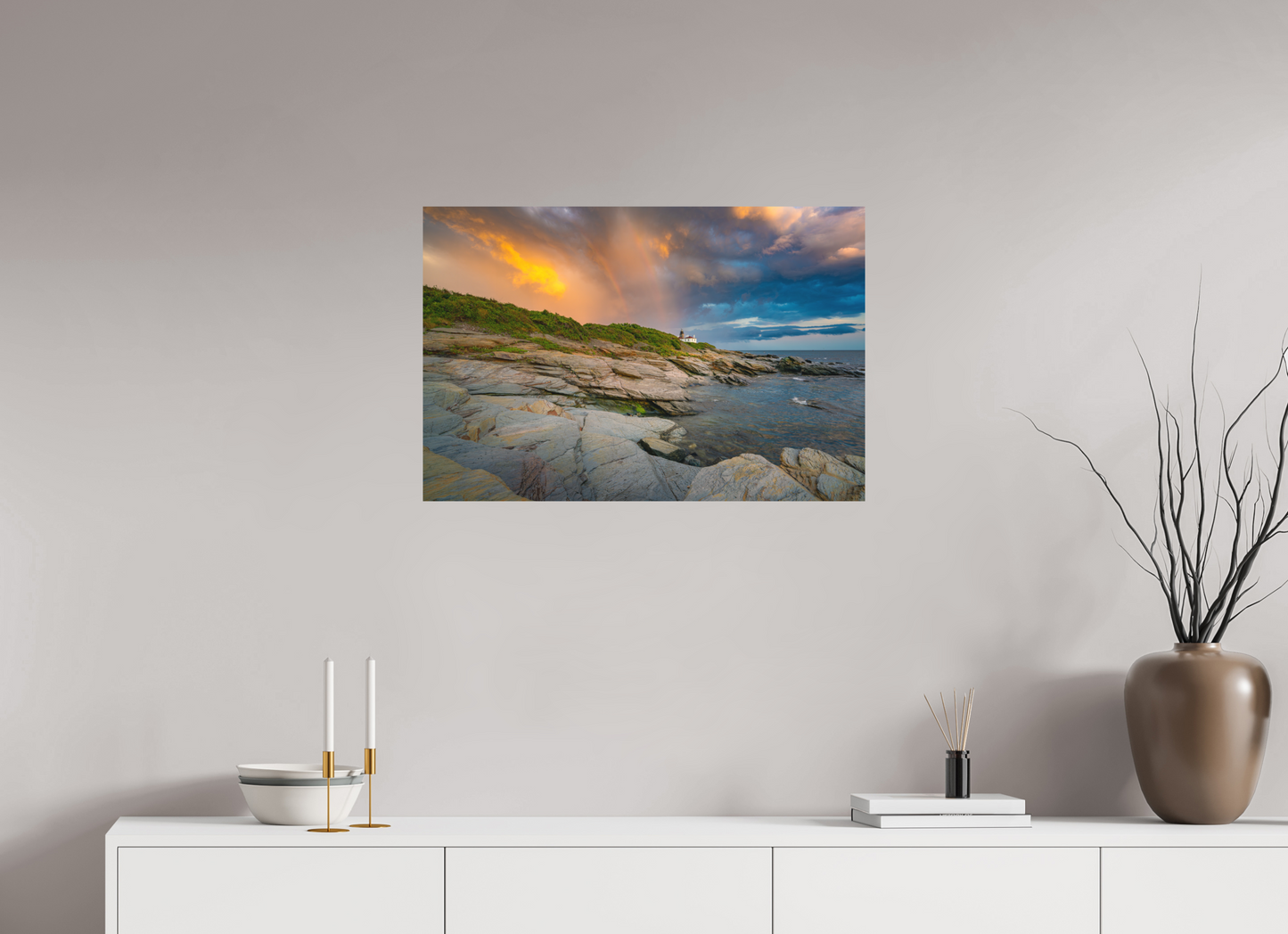 30 x 20″, Basic Matte Photo Print on Fuji Crystal DP II Paper Rainbow Over Beavertail Lighthouse