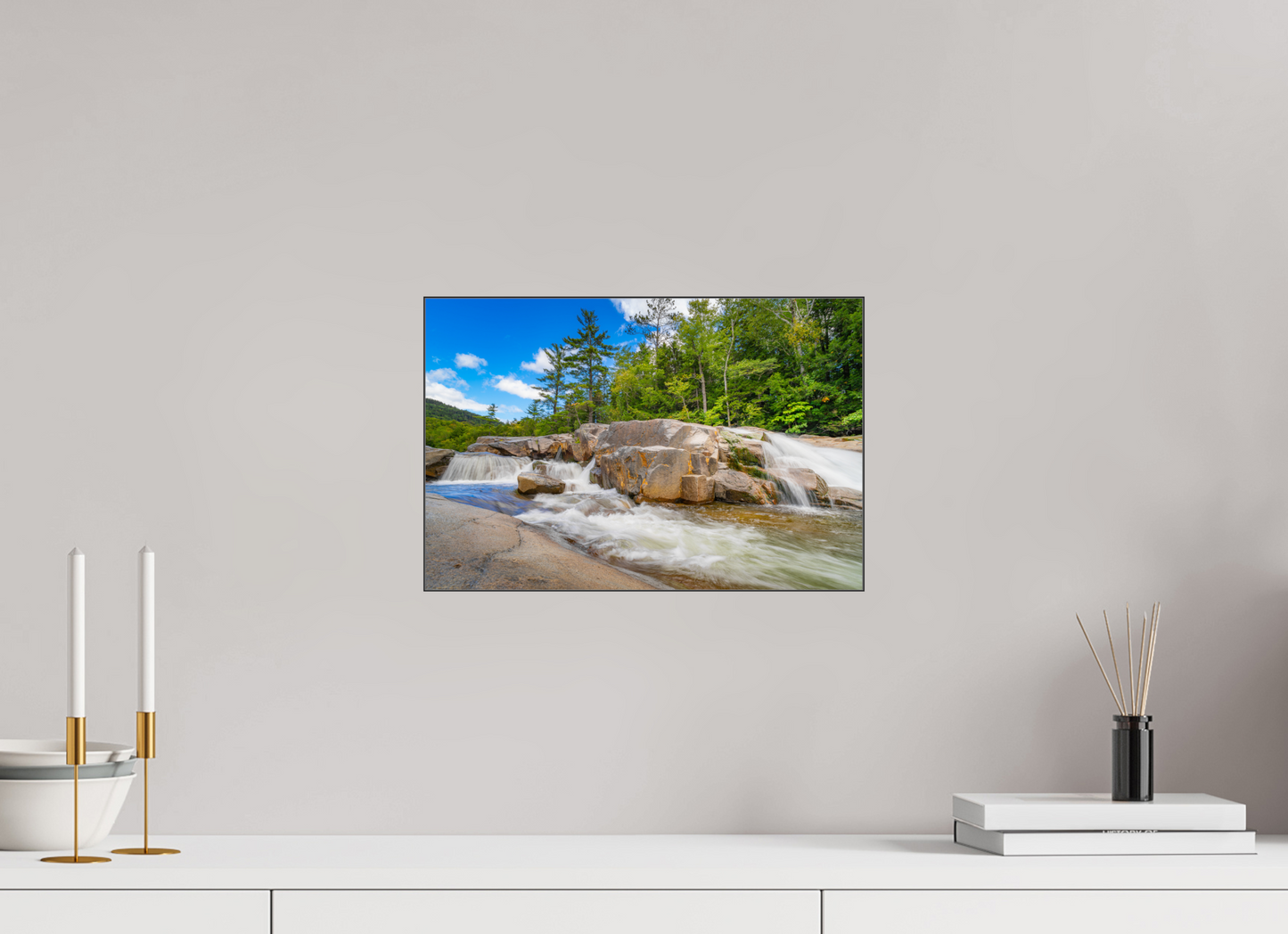 15 x 10″, Photo Print under Acrylic Glass with Black Slimline Case Kancamagus Waterfall