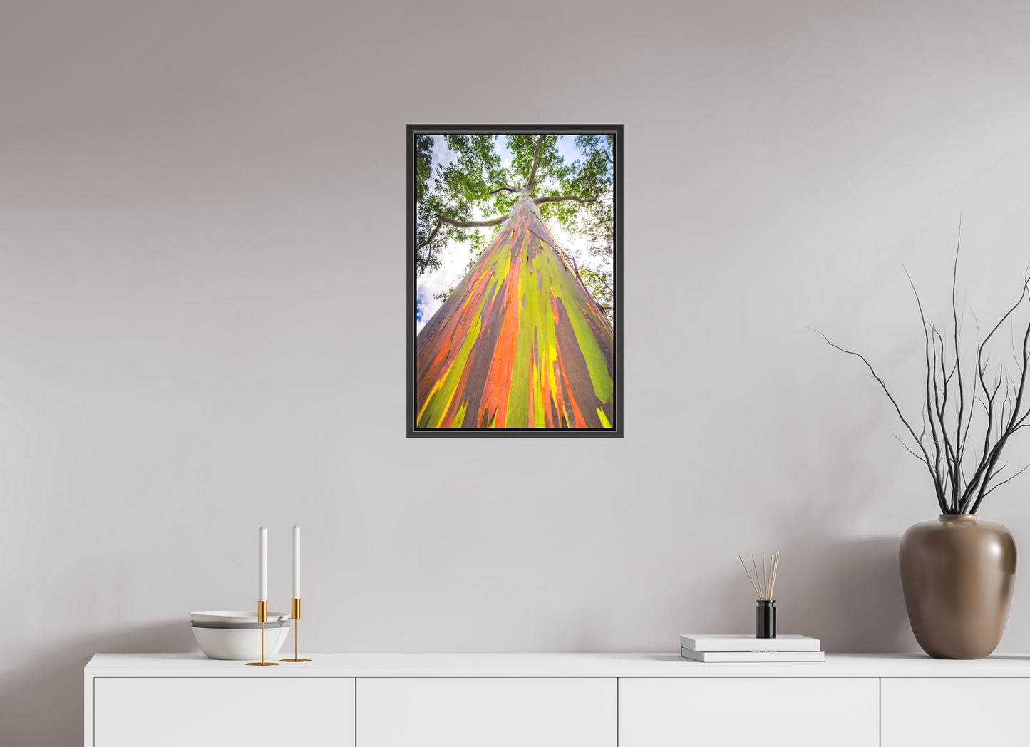 16 x 24″, Matte Canvas Print with Black Wood Floater Frame Rainbow Eucalyptus Tree
