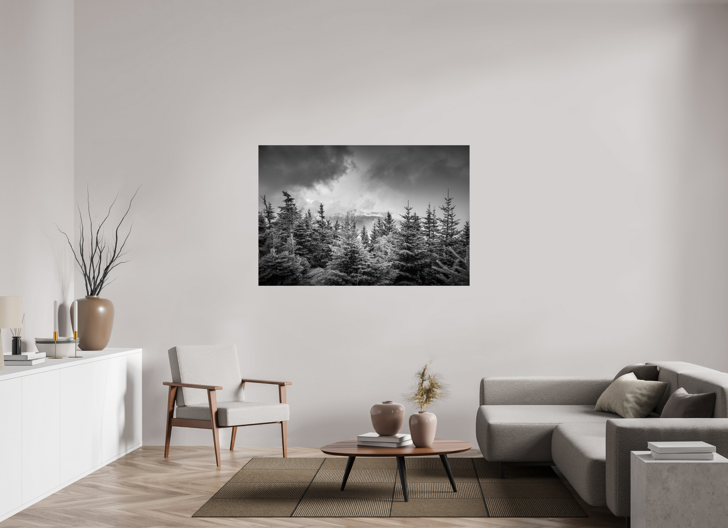 60 x 40″, Photo Print under Acrylic Glass Pines in Mountain Clouds