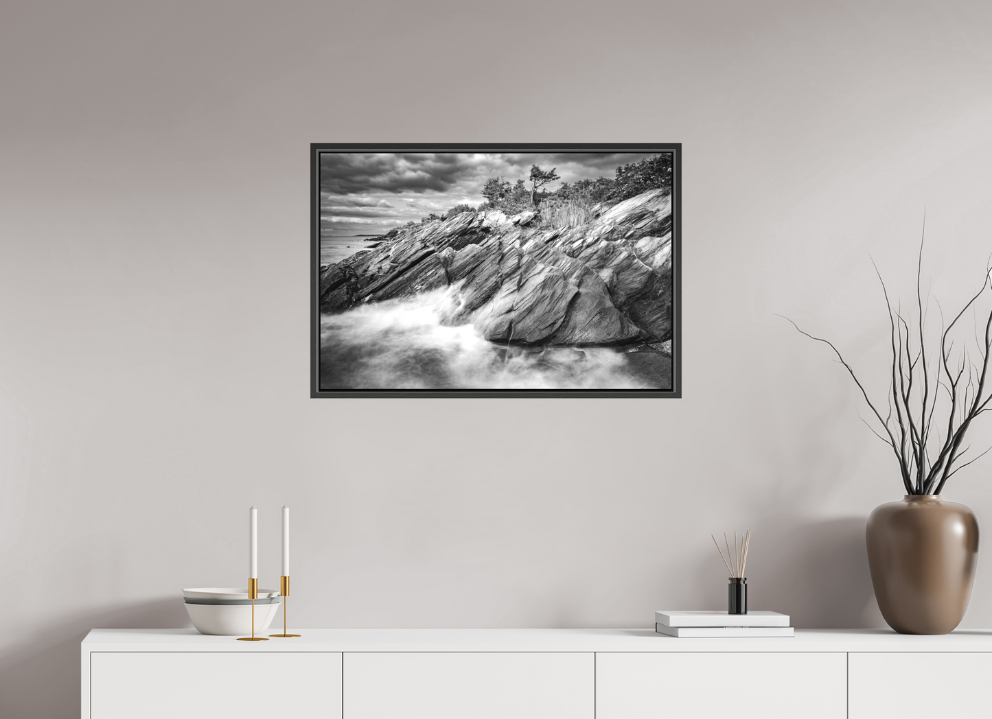 30 x 20″, Matte Canvas Print with Black Wood Floater Frame Rough Seas Against Beavertail Cliffs