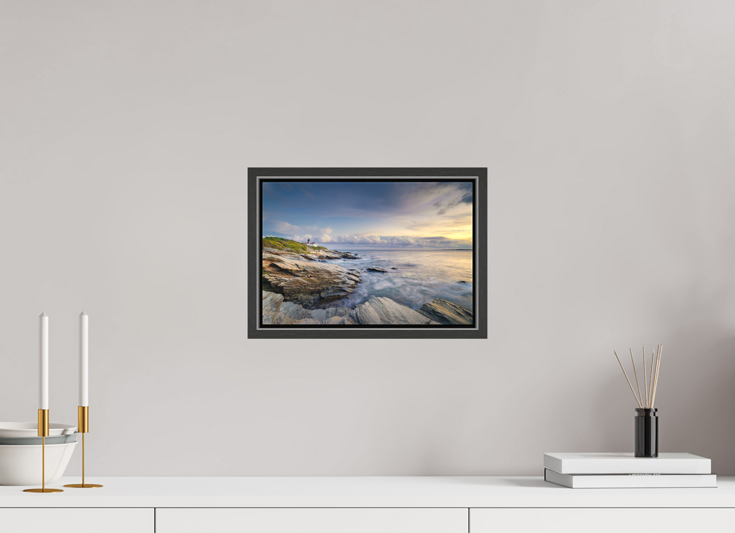 12 x 8″, Matte Canvas Print with Black Wood Floater Frame Twilight at Beavertail Lighthouse