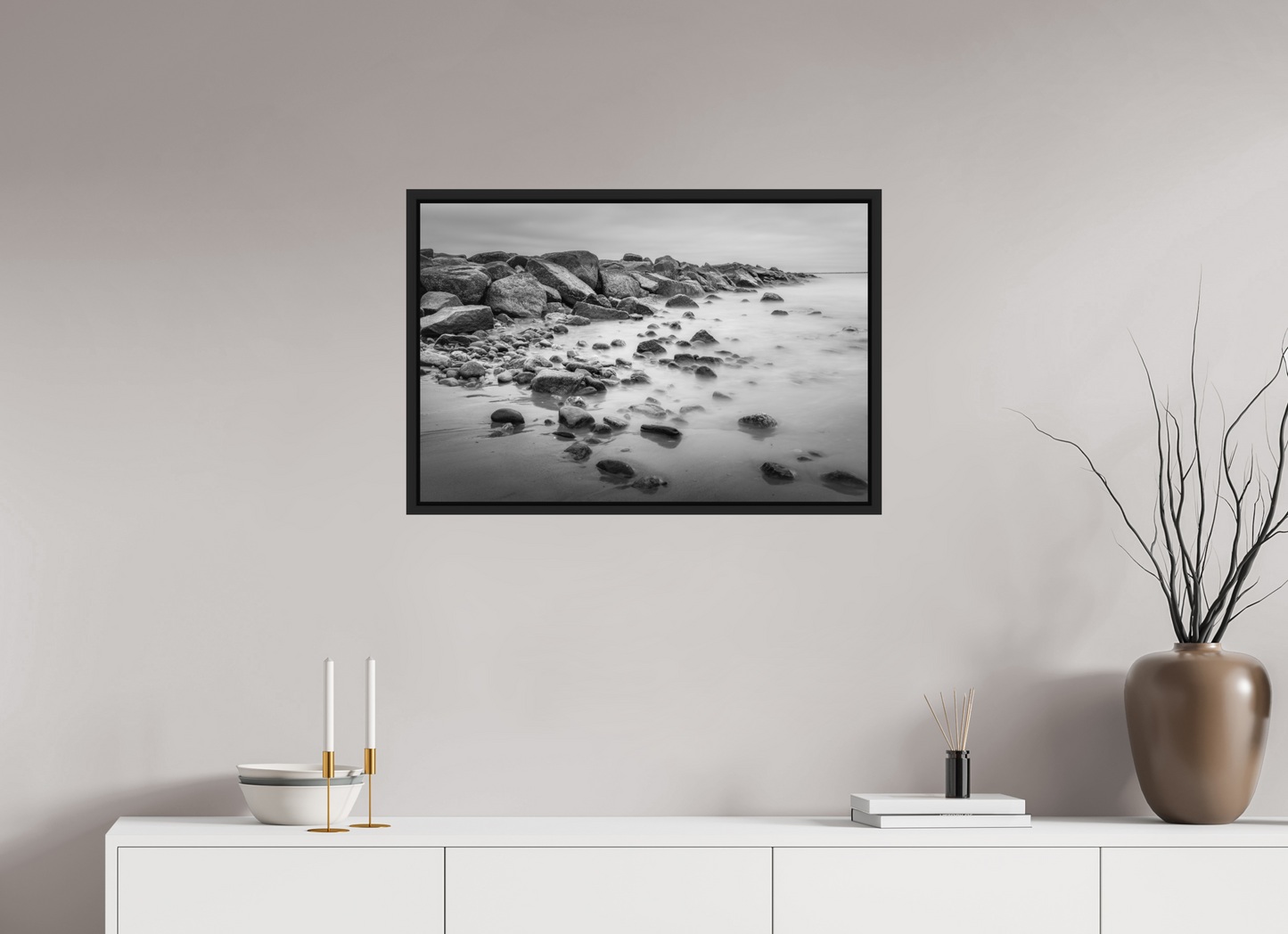 30 x 20″, ChromaLuxe HD Metal Print with Black Wood Floater Frame Overcast Morning at Sand Hill Cove