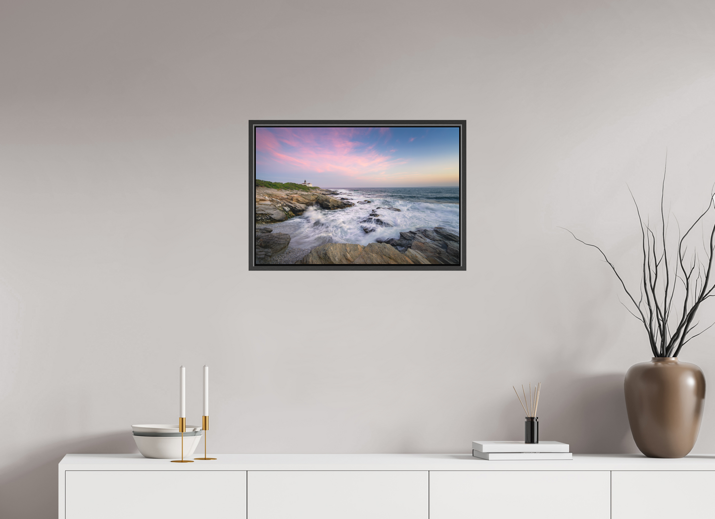24 x 16″, Matte Canvas Print with Black Wood Floater Frame Rough Seas at Sunset