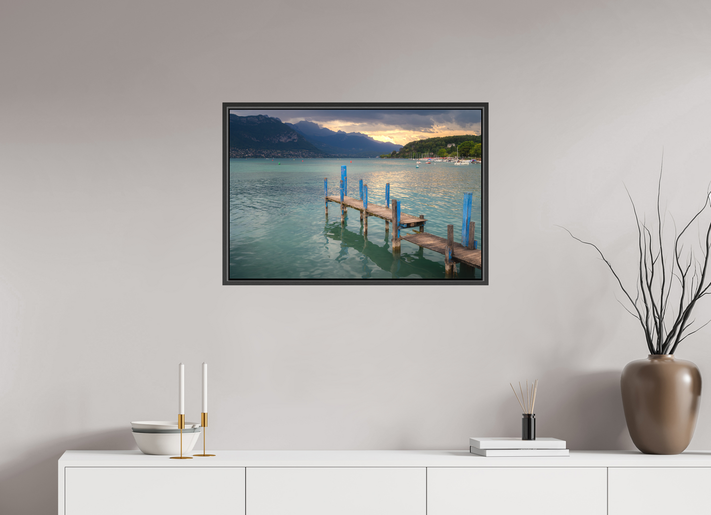 30 x 20″, Matte Canvas Print with Black Wood Floater Frame Thunderstorm over Lake Annecy