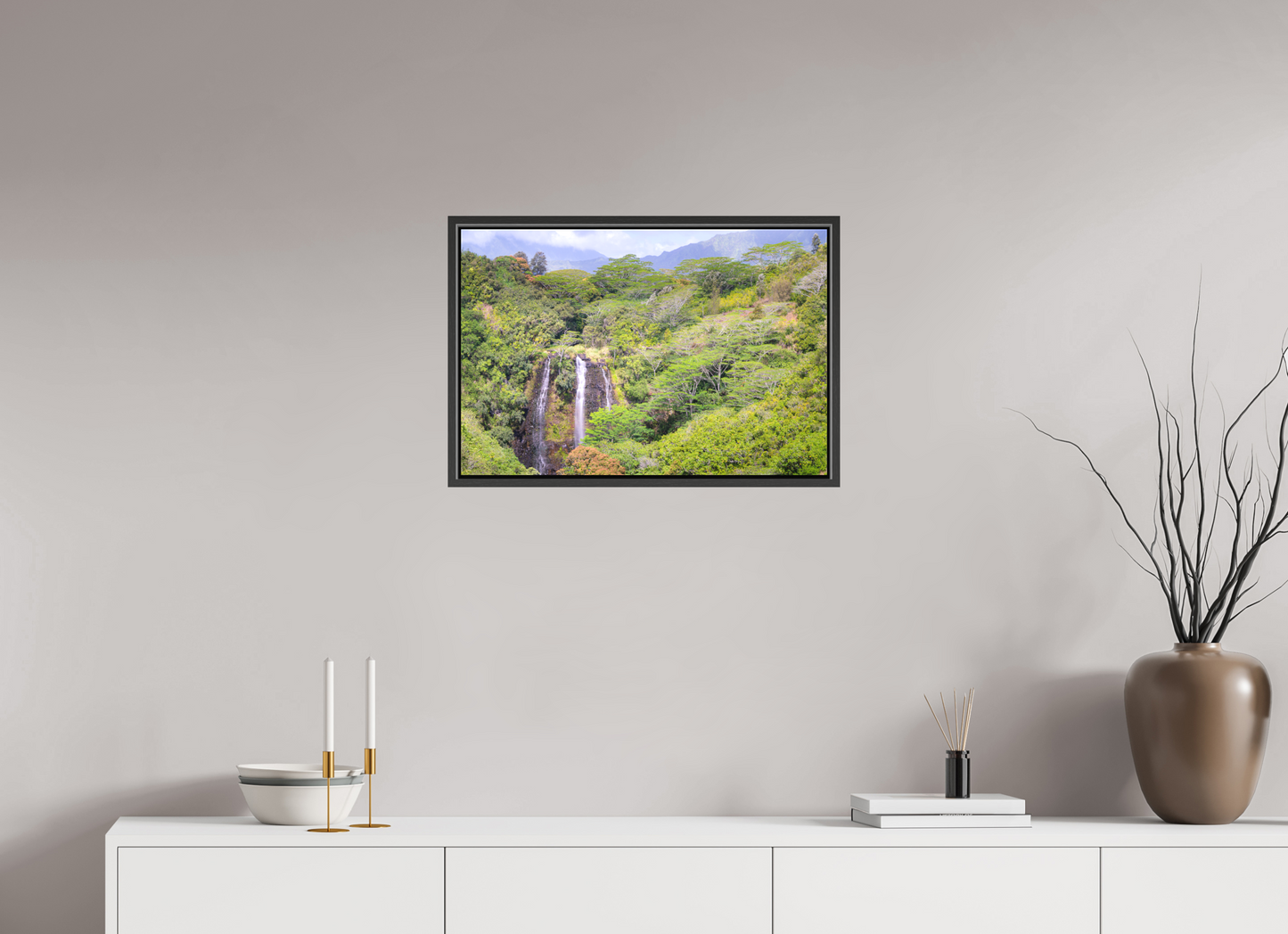 24 x 16″, Matte Canvas Print with Black Wood Floater Frame Opeka Falls