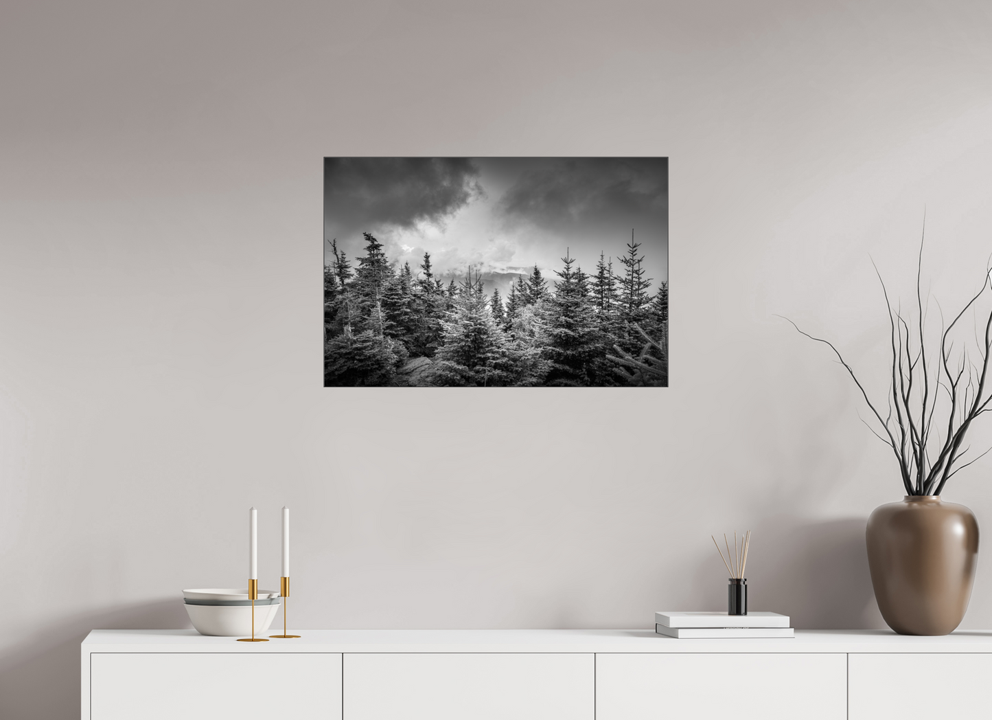 30 x 20″, Photo Print under Acrylic Glass with Black Slimline Case Pines in Mountain Clouds