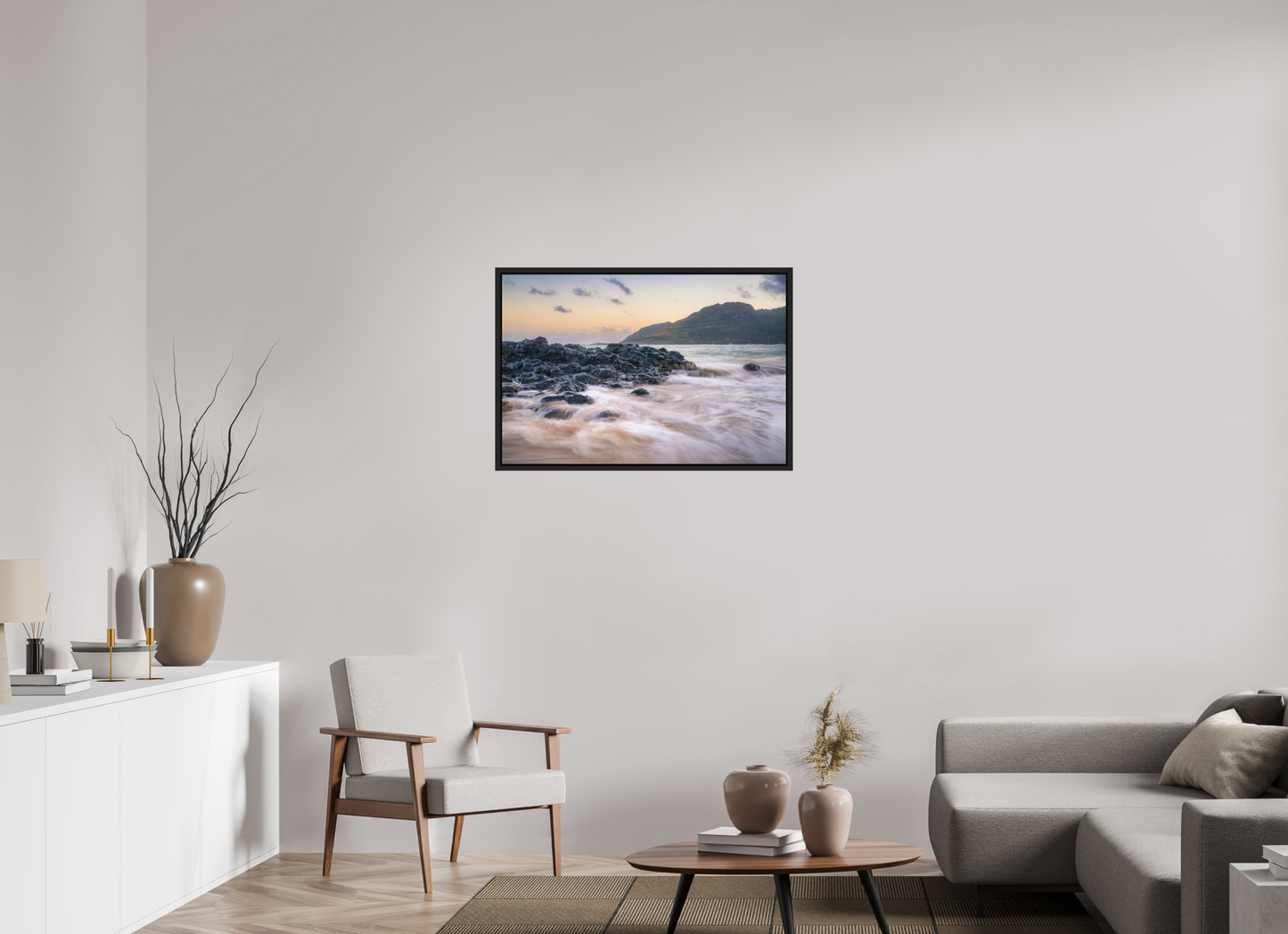 36 x 24″, Photo Print under Acrylic Glass with Black Wood Floater Frame Lihue Sunset