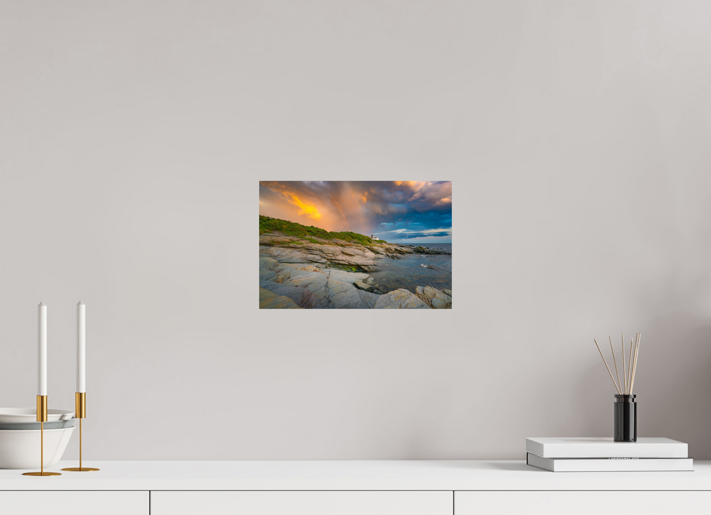 12 x 8″, Premium ChromaLuxe HD Aluminum Metal Print Rainbow Over Beavertail Lighthouse