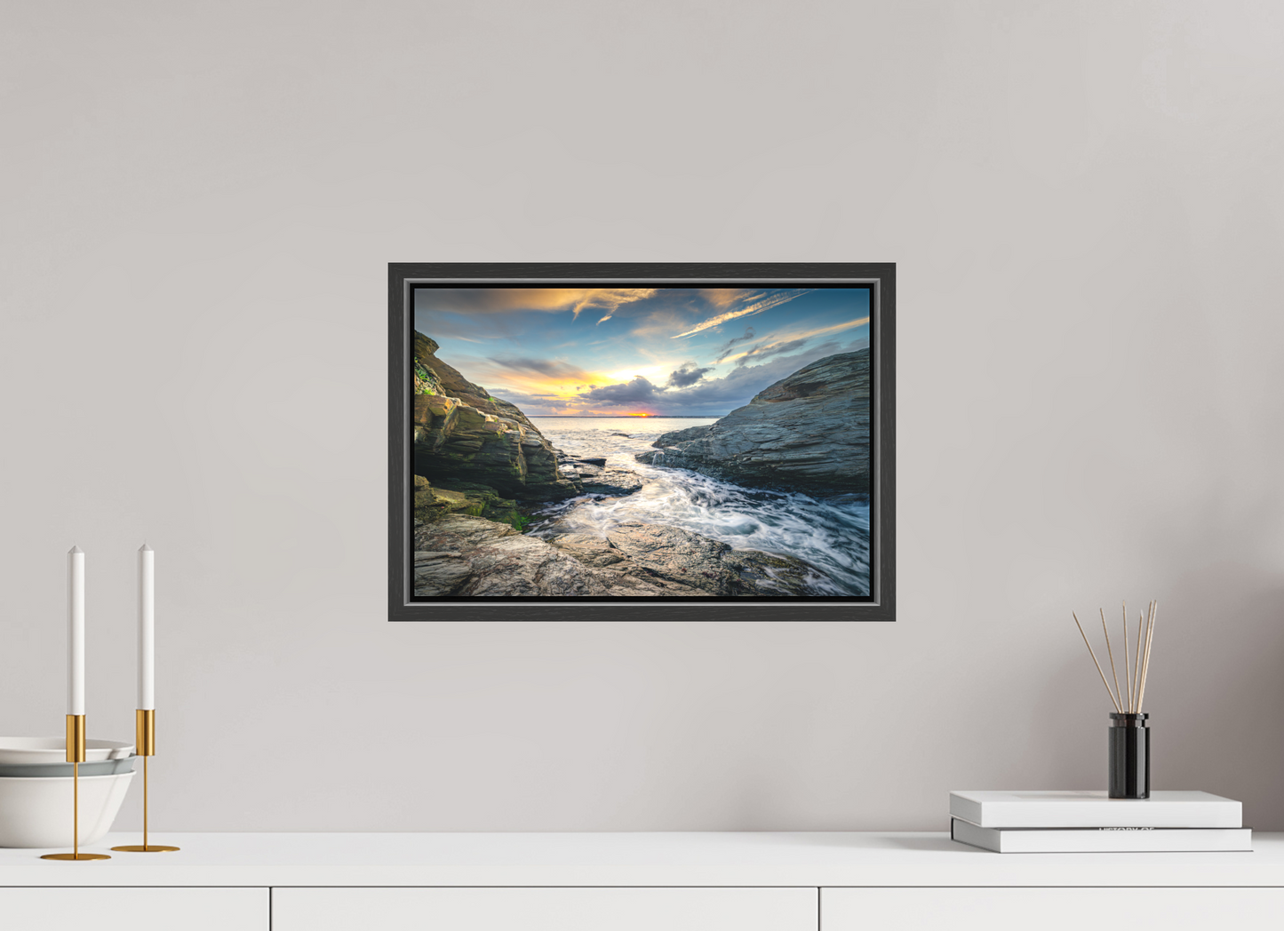 15 x 10″, Matte Canvas Print with Black Wood Floater Frame Vanishing Sun