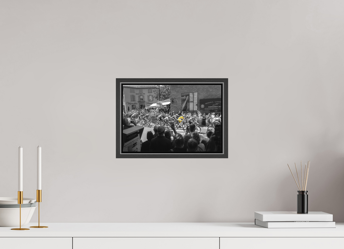 12 x 8″, Matte Canvas Print with Black Wood Floater Frame Tour de France Leader Tadej Pogacar in the Yellow Jersey