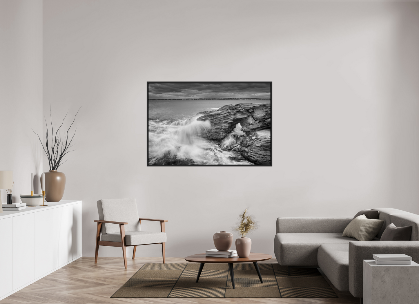 60 x 40″, Photo Print under Acrylic Glass with Black Wood Floater Frame Waves Over Arches