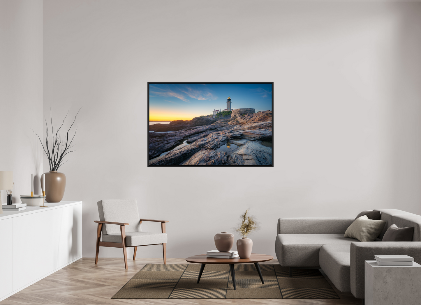 60 x 40″, Premium ChromaLuxe HD Aluminum Metal Print with Black Wood Floater Frame Beavertail Lighthouse Tide Pool Reflection